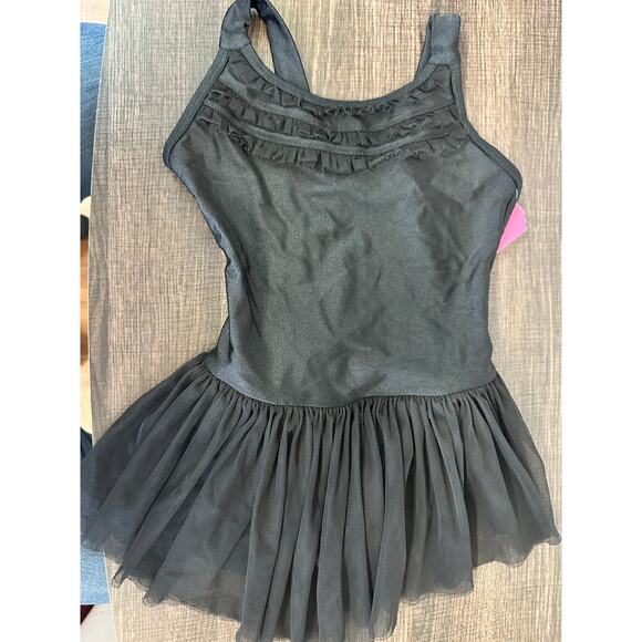 Dance Leotard Dress DanzNMotion Medium Child Black Ballet Jazz Tank Ruffle & Bow - Picture 2 of 3